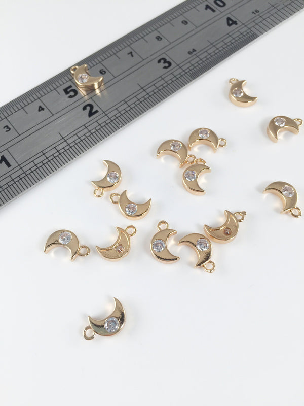 2 x Gold Plated Moon Charms with Cubic Zirconia, 10x6mm (2182)