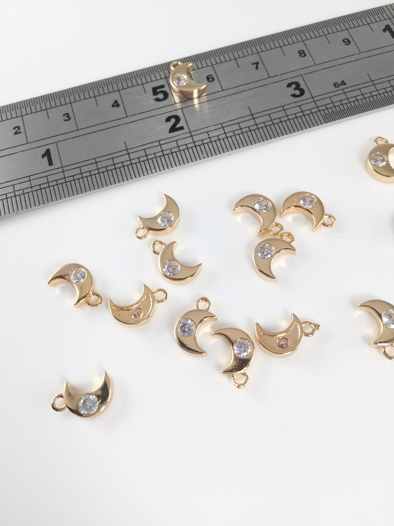 2 x Gold Plated Moon Charms with Cubic Zirconia, 10x6mm (2182)