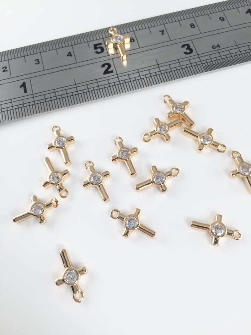 2 x Gold Plated Cross Charms with Cubic Zirconia, 12x7mm (2183)