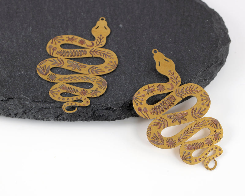 2 x Laser Cut Raw Brass Snake Pendants, 51x29mm (C0456)