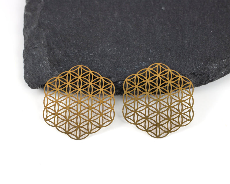 2 x Raw Brass Floral Hexagon Filigree Pendants, 30x27mm Abstract Geometrical Charms (C0452)