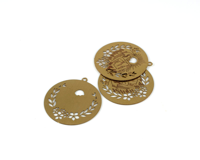 2 x Raw Brass Round Embossed Mountain Pendants, 26x24mm (C0455)