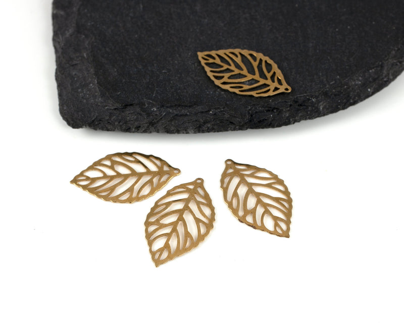 6 x Raw Brass Filigree Leaf Charms, 27x16mm (C0459)