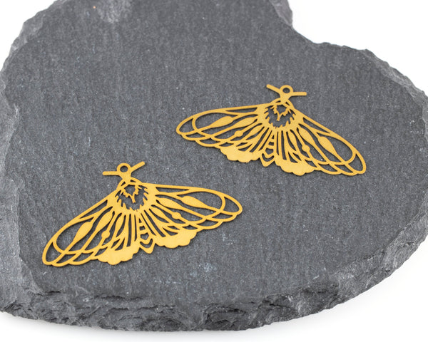 2 x Large Raw Brass Moth Pendants, 42x23mm Moth Filigree Charms (C0469)