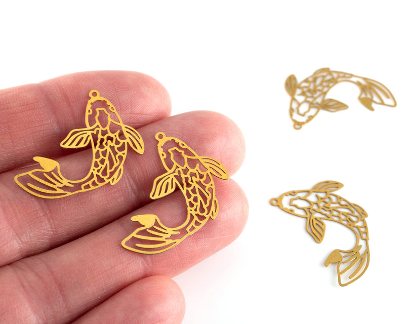 4 x Raw Brass Filigree Koi Fish Charms, 27x18mm (C0472)