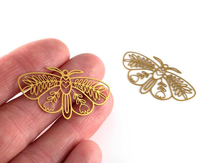 2 x Raw Brass Filigree Moth Pendants, 42x24mm (C0473)