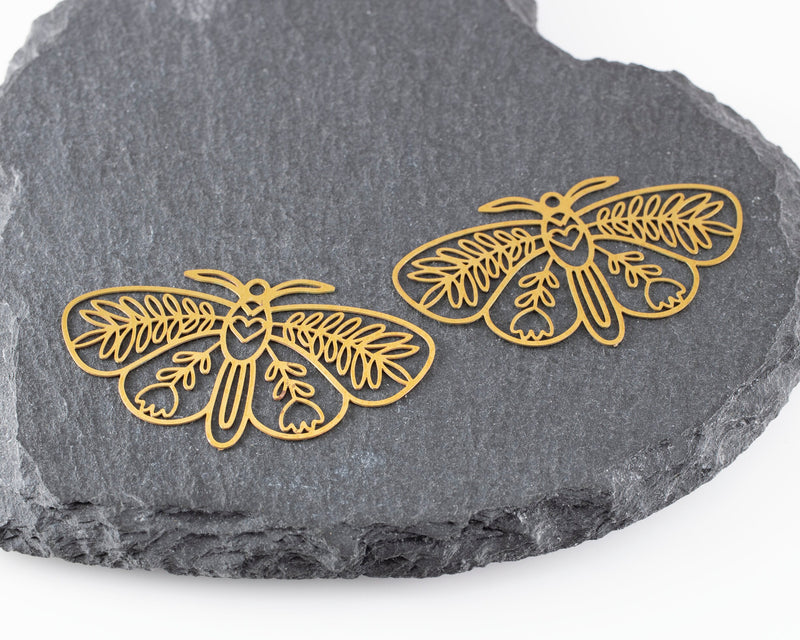 2 x Raw Brass Filigree Moth Pendants, 42x24mm (C0473)