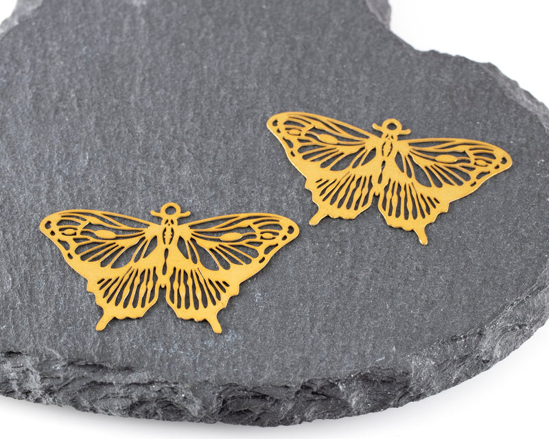 2 x Raw Brass Butterfly Filigree Pendants, 39x24mm (C0474)