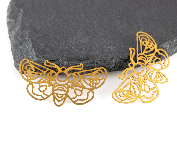 2 x Raw Brass Large Butterfly Filigree Pendants, 41x23mm (C0475)