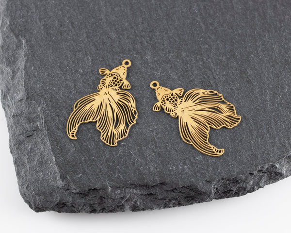 4 x Raw Brass Gold Tone Laser Cut Fish Charms, 26x16mm (C0477)