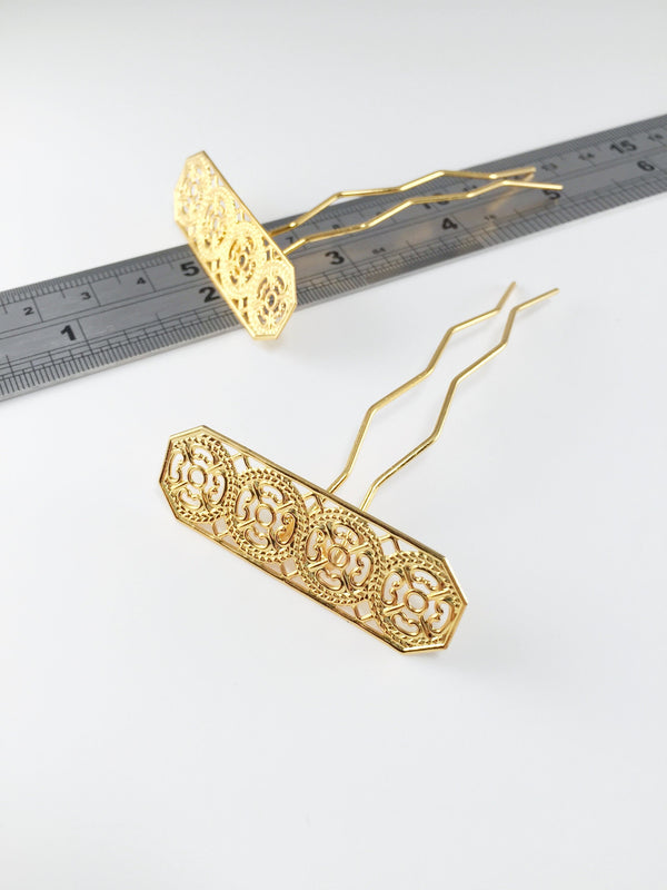 2 x Gold Filigreee Bright Gold Hair Pin Base, 73mm