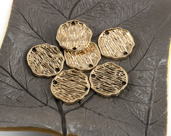 6 x Gold Plated Textured Irregular Round Connectors, 19mm (0760)