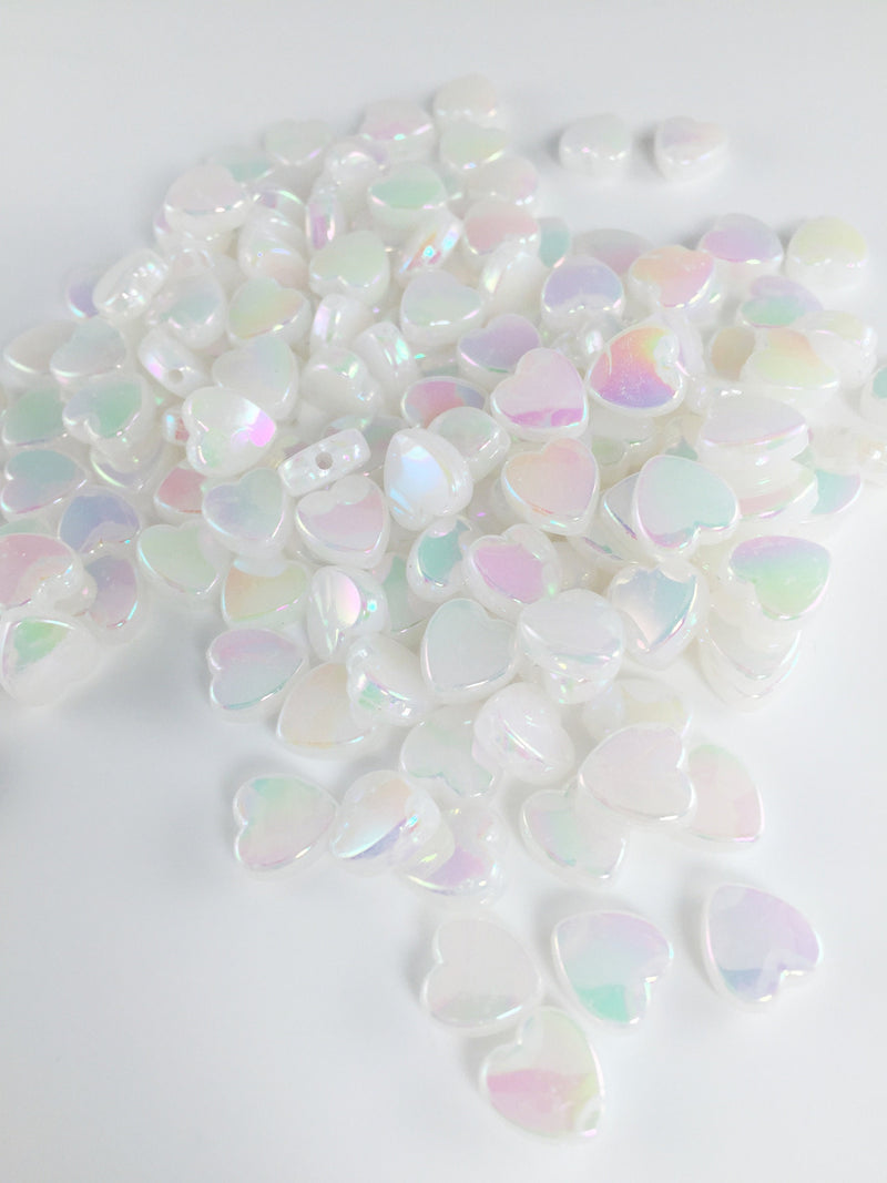 100 x Iridescent White Flat Heart Beads, 9x8mm (3080)