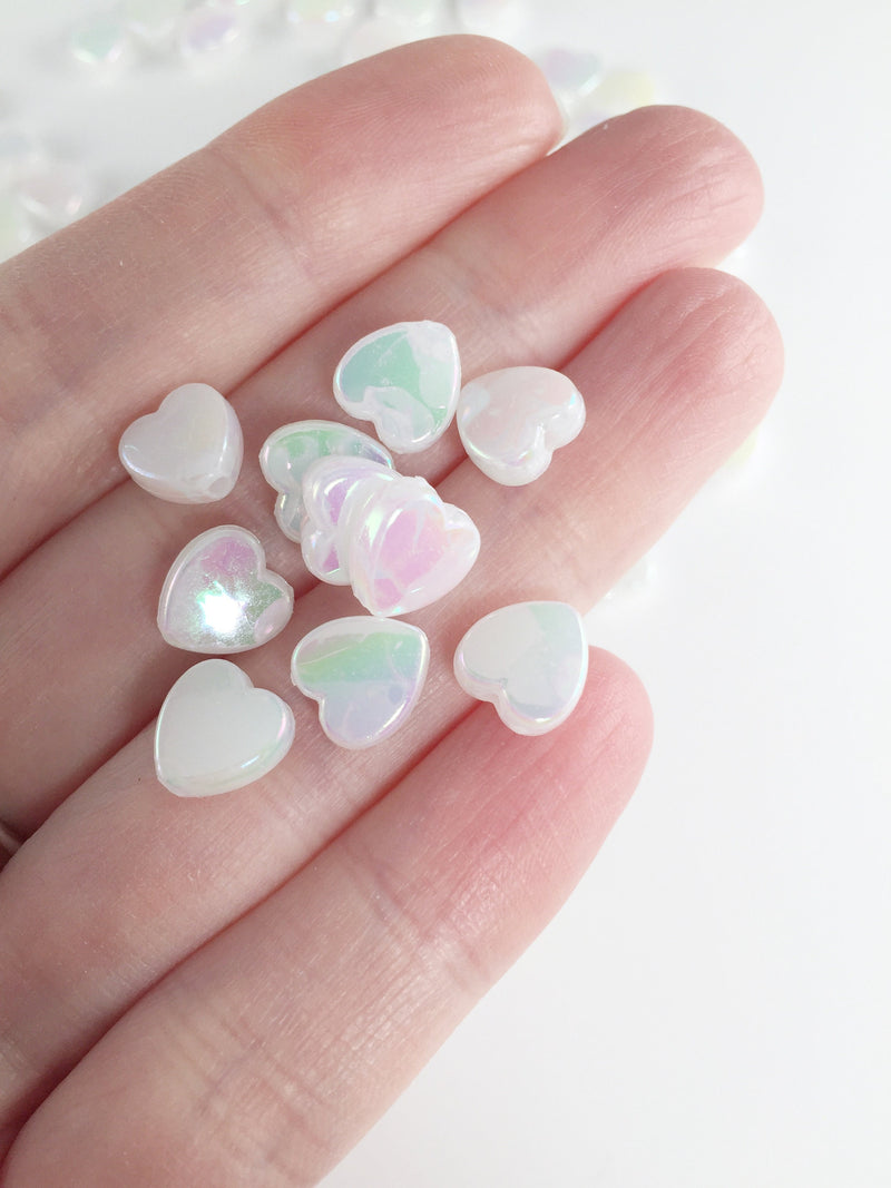 100 x Iridescent White Flat Heart Beads, 9x8mm (3080)