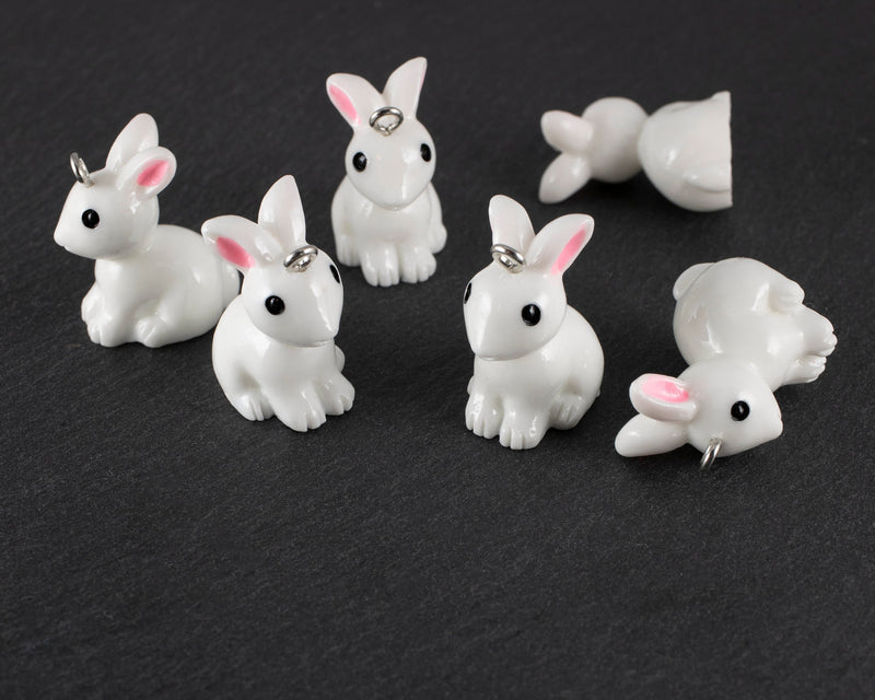 6 x Cute White Resin Bunny Charms, 24x20mm Rabbit Pendants (2473)