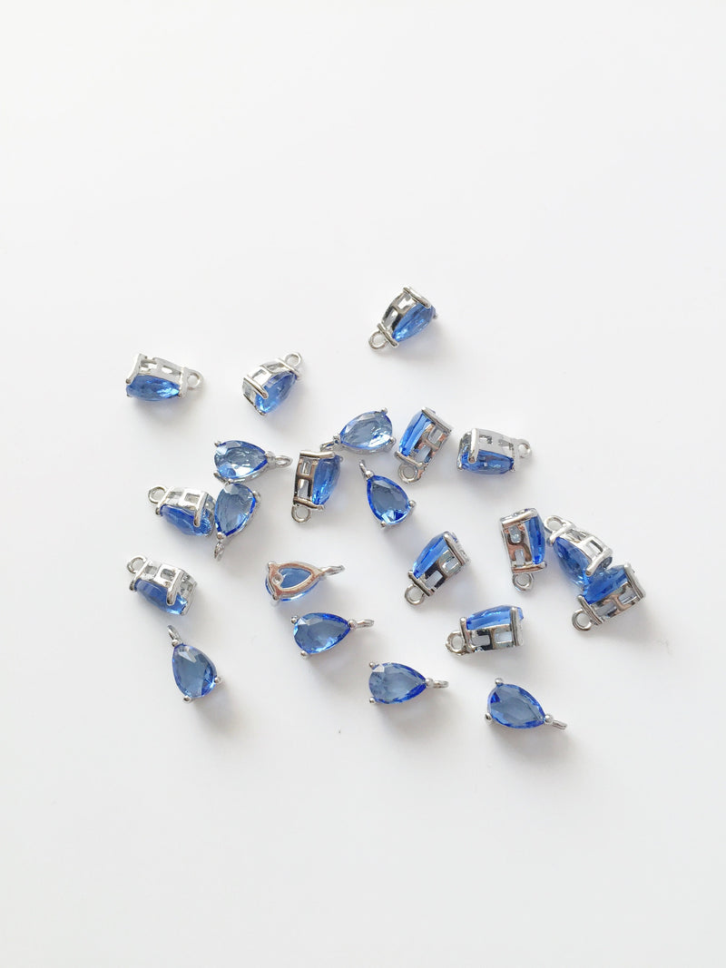 2 x Tiny Rhodium Plated Blue Cubic Zirconia Teardrop Charms, 8x4mm (2691)