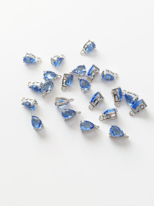 2 x Tiny Rhodium Plated Blue Cubic Zirconia Teardrop Charms, 8x4mm (2691)