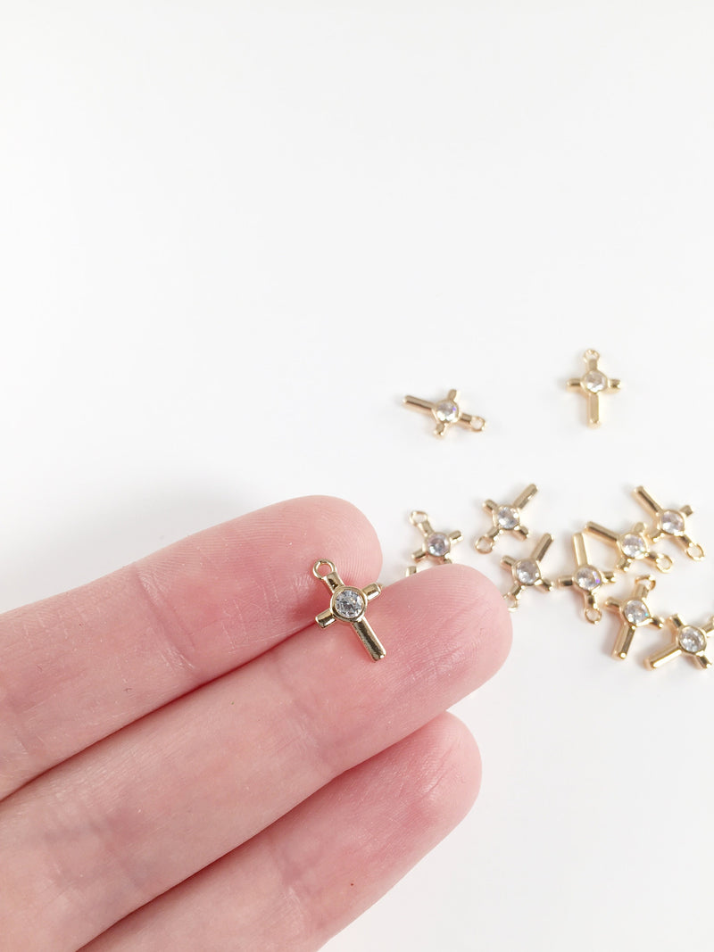 2 x Gold Plated Cross Charms with Cubic Zirconia, 12x7mm (2183)