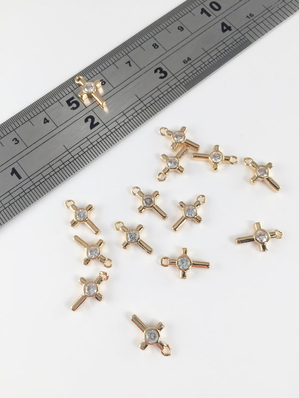 2 x Gold Plated Cross Charms with Cubic Zirconia, 12x7mm (2183)