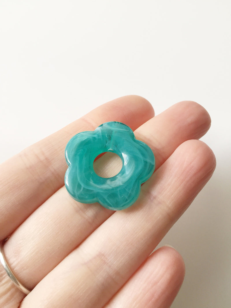 2 x Teal Resin Flower Beads, 26mm Jelly Resin Flowers (3133)