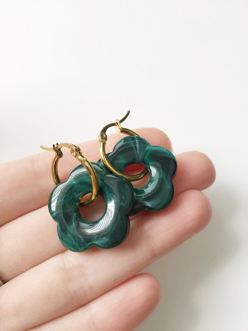 2 x Malachite Green Resin Flower Beads, 26mm Flower Charms for Hoop Earrings