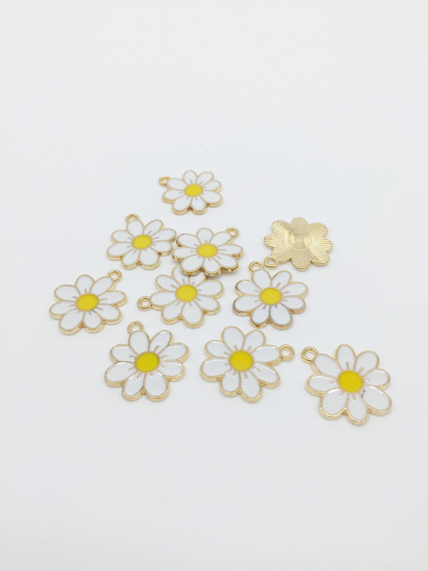 6 x Enamel Daisy Charms, 23x21mm Gold Plated Daisy Pendants (3487)