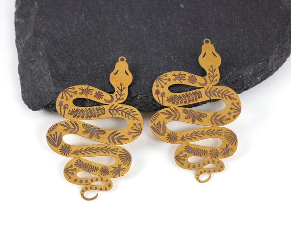 2 x Raw Brass Snake Pendants, 51x29mm Laser Cut Snake Charms (C0456)