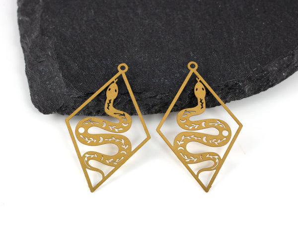 2 x Laser Cut Raw Brass Diamond Snake Pendants, 42x26mm (C0461)