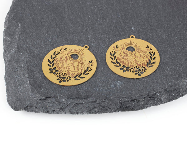 2 x Raw Brass Round Embossed Mountain Pendants, 26x24mm (C0455)