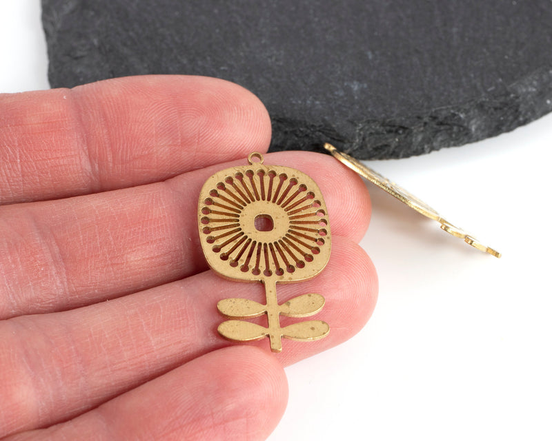 1 x Raw Brass Abstract Flower Pendant, 32x19mm (C0464)