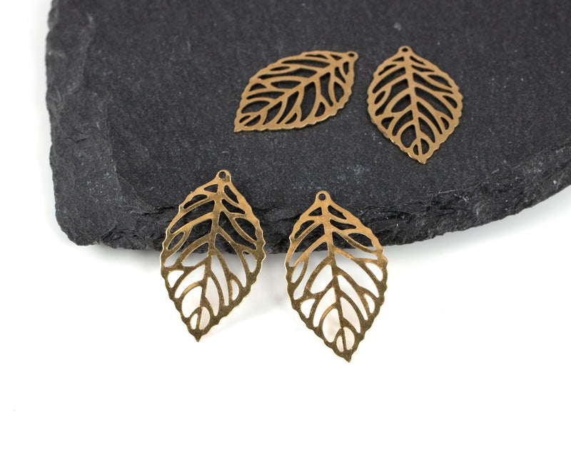 6 x Raw Brass Filigree Leaf Charms, 27x16mm (C0459)