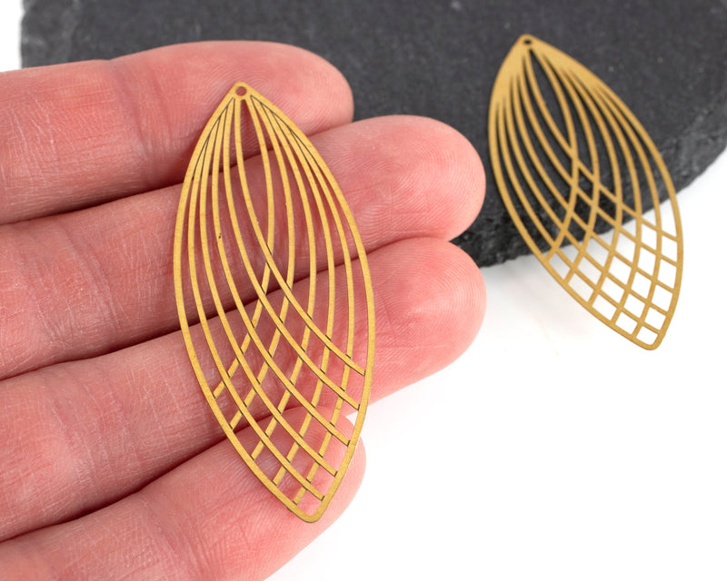 2 x Raw Brass Openwork Marquise Pendants, 56x22mm (C0458)