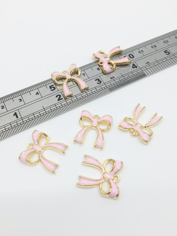 4 x Pink Bowknot Enamelled Gold Charms, 20x17.5mm  (3057)