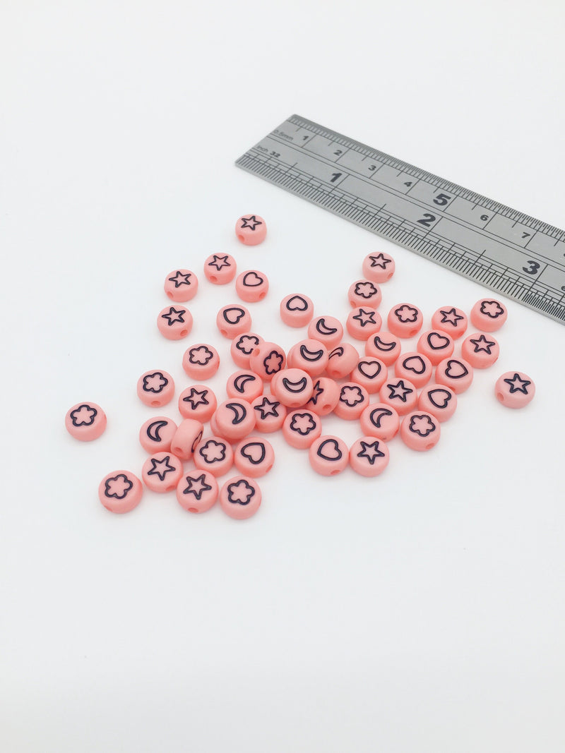 100 x Pink Flat Round Acrylic Beads with Celestial Pattern, 7mm (2464)