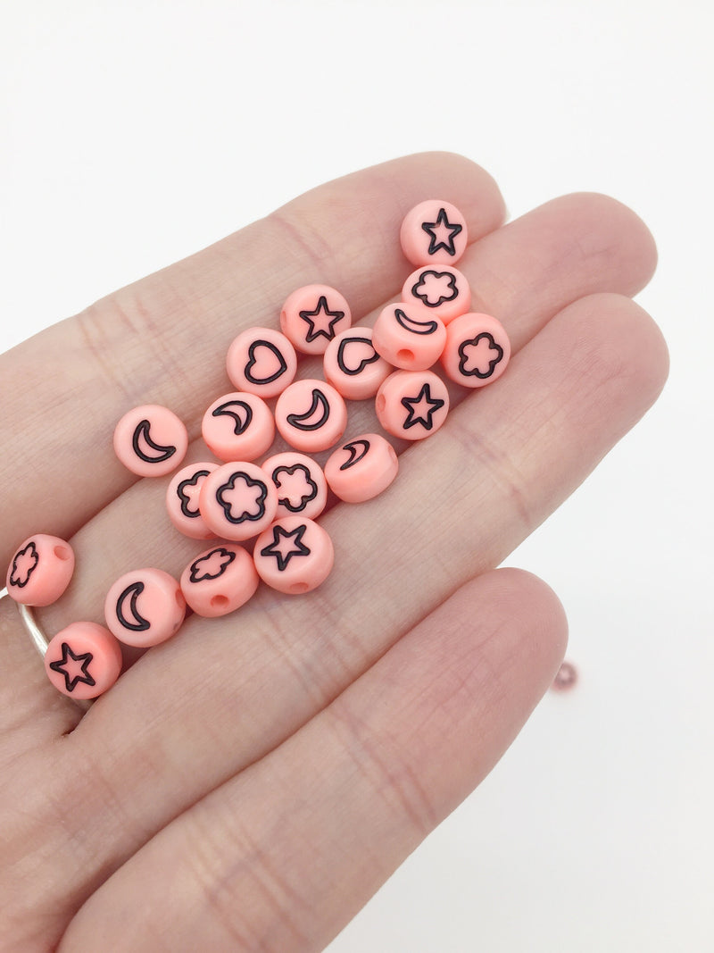 100 x Pink Flat Round Acrylic Beads with Celestial Pattern, 7mm (2464)