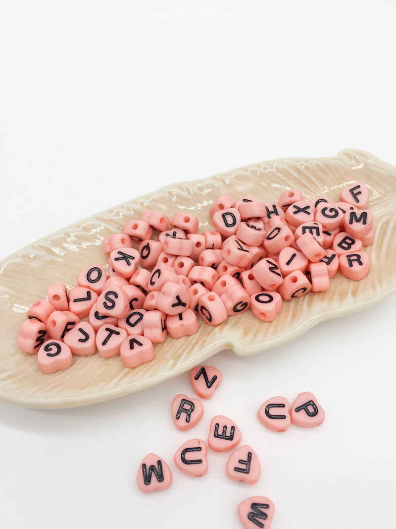 100 x Pink Heart Alphabet Acrylic Beads, 7x7mm (3086)