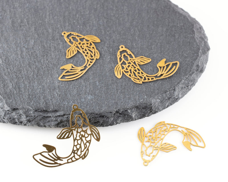 4 x Raw Brass Filigree Koi Fish Charms, 27x18mm (C0472)