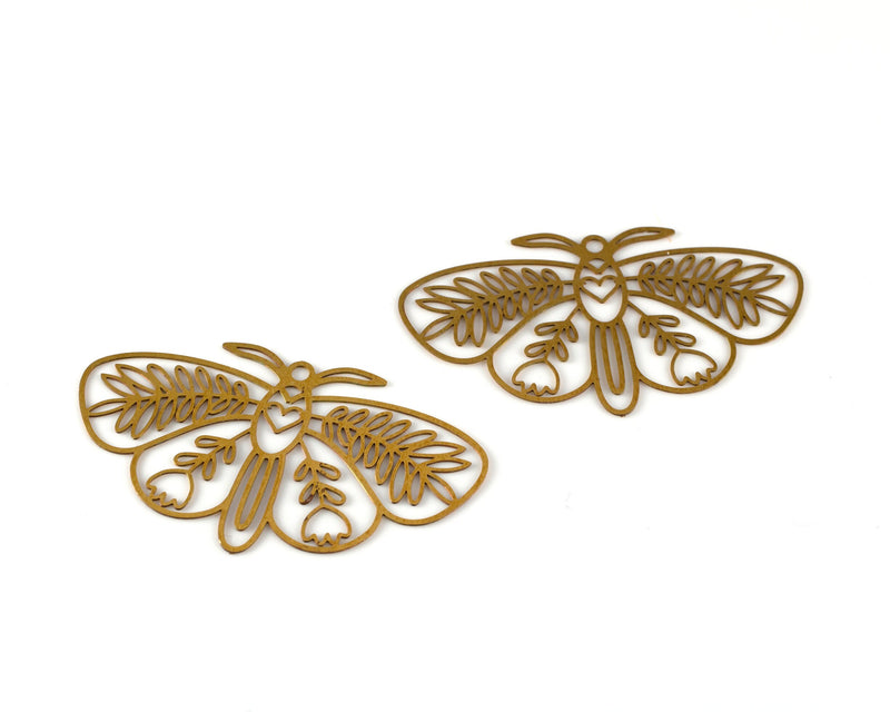 2 x Raw Brass Filigree Moth Pendants, 42x24mm (C0473)