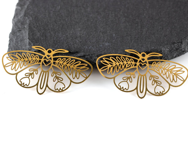 2 x Raw Brass Filigree Moth Pendants, 42x24mm (C0473)