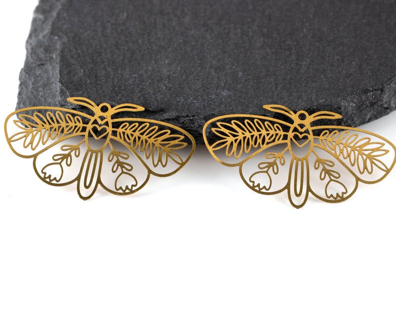 2 x Raw Brass Filigree Moth Pendants, 42x24mm (C0473)