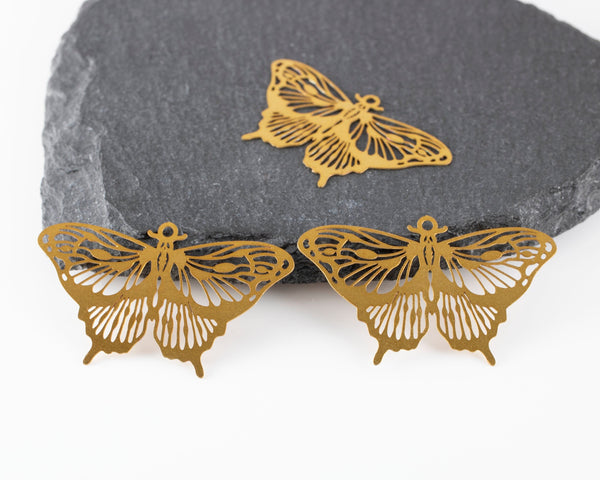 2 x Raw Brass Butterfly Filigree Pendants, 39x24mm (C0474)