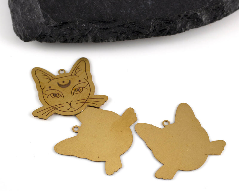 2 x Raw Brass Filigree Cat Charms, 22.5x25mm (C0476)