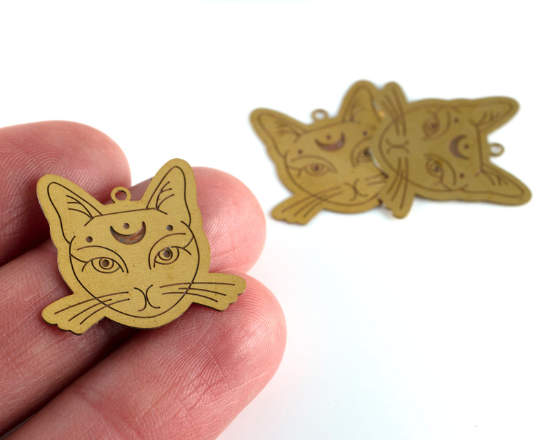 2 x Raw Brass Filigree Cat Charms, 22.5x25mm (C0476)