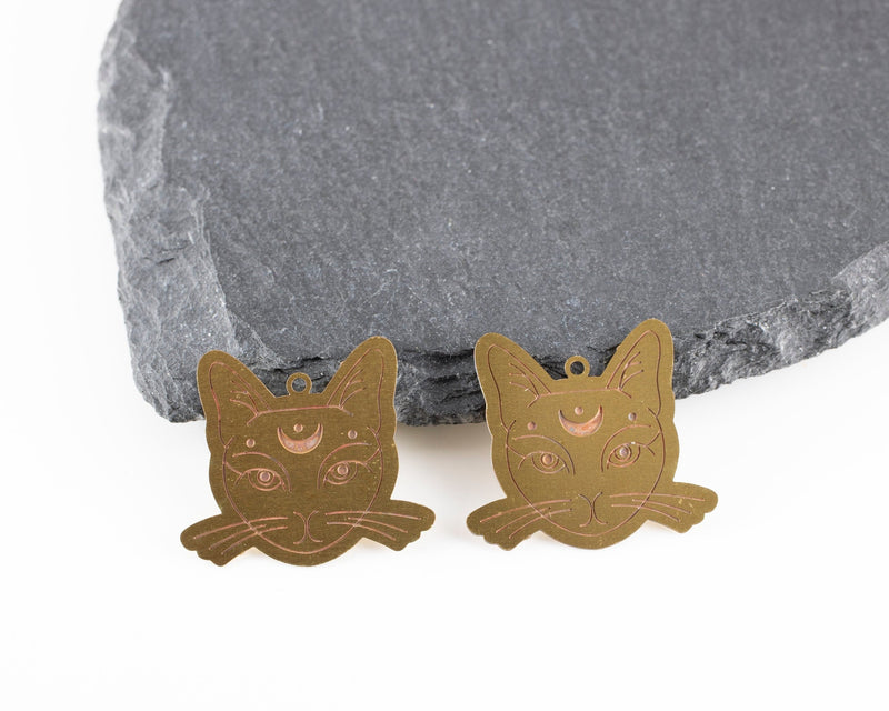 2 x Raw Brass Filigree Cat Charms, 22.5x25mm (C0476)