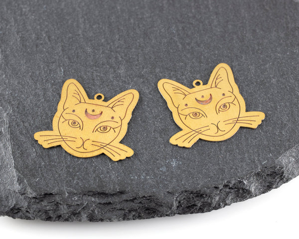 2 x Raw Brass Filigree Cat Charms, 22.5x25mm (C0476)