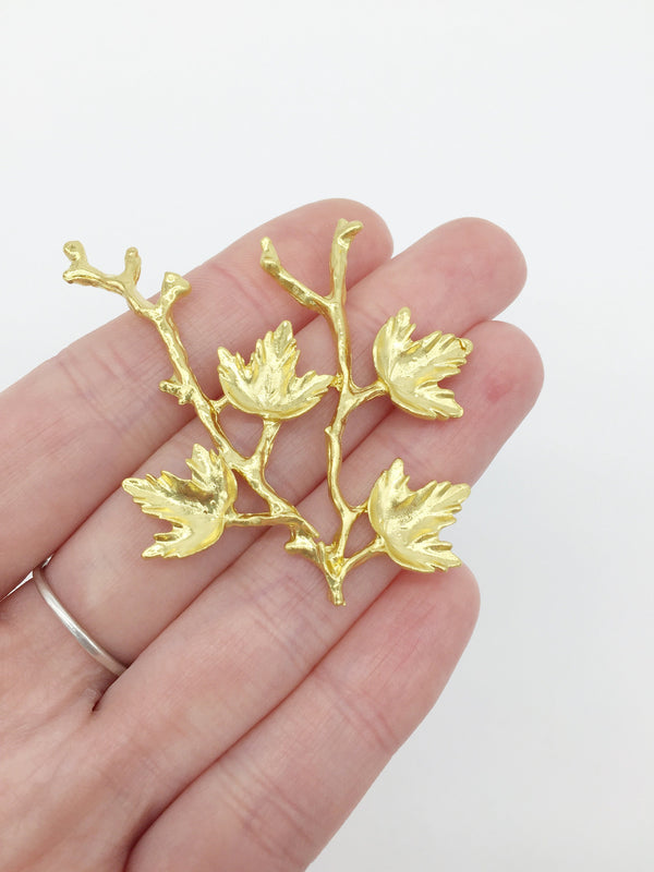 2 x Bright Gold Metal Maple Tree Branches, 60x47mm (E5)