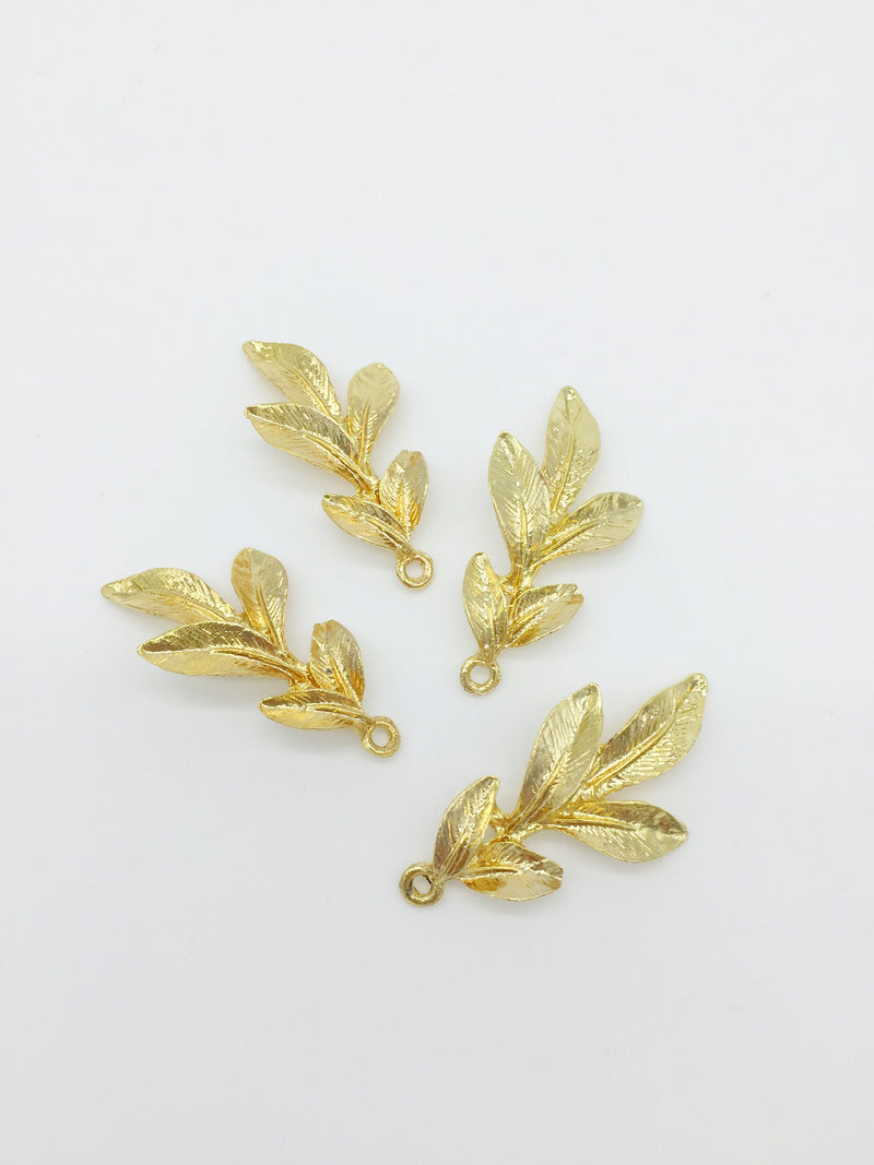 4 x Textured Bright Gold Laurel Leaf Pendants, 46x23mm (3637)