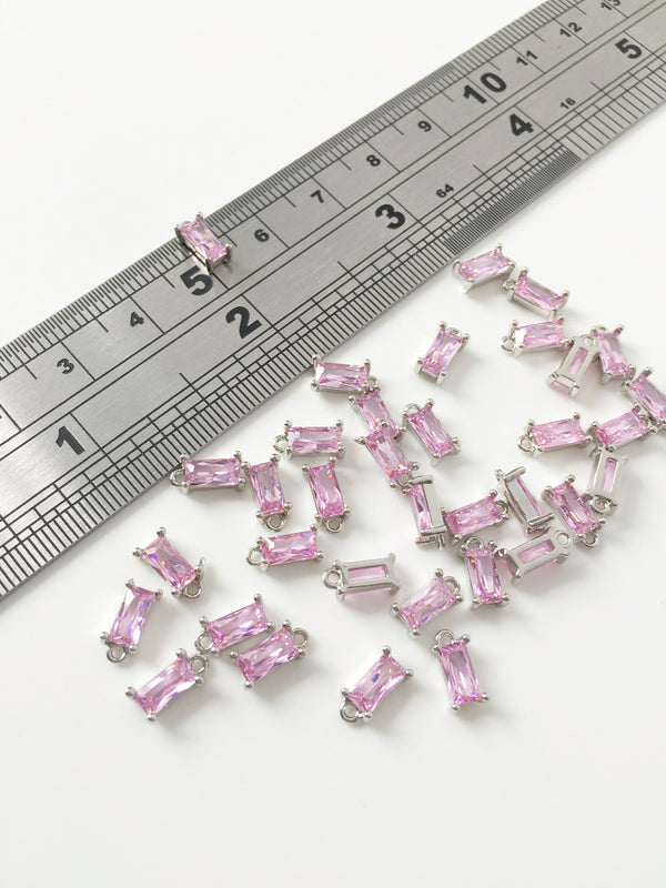 4 x Rhodium Plated Light Pink Baguette Cut Glass Charms, 4x8mm (0391)