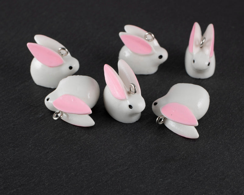 6 x Resin White Bunny Charms, Easter Rabbit Pendants, 20x17mm (2470)