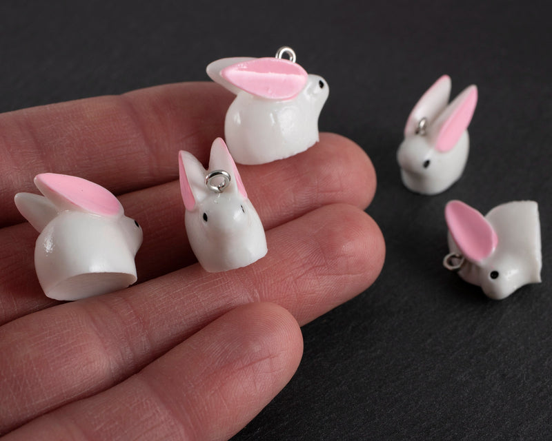 6 x Resin White Bunny Charms, Easter Rabbit Pendants, 20x17mm (2470)